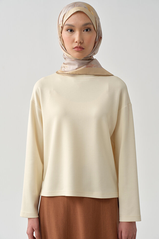 Yırtmaçlı Asimetrik Örme Sweat - Ekru - 1