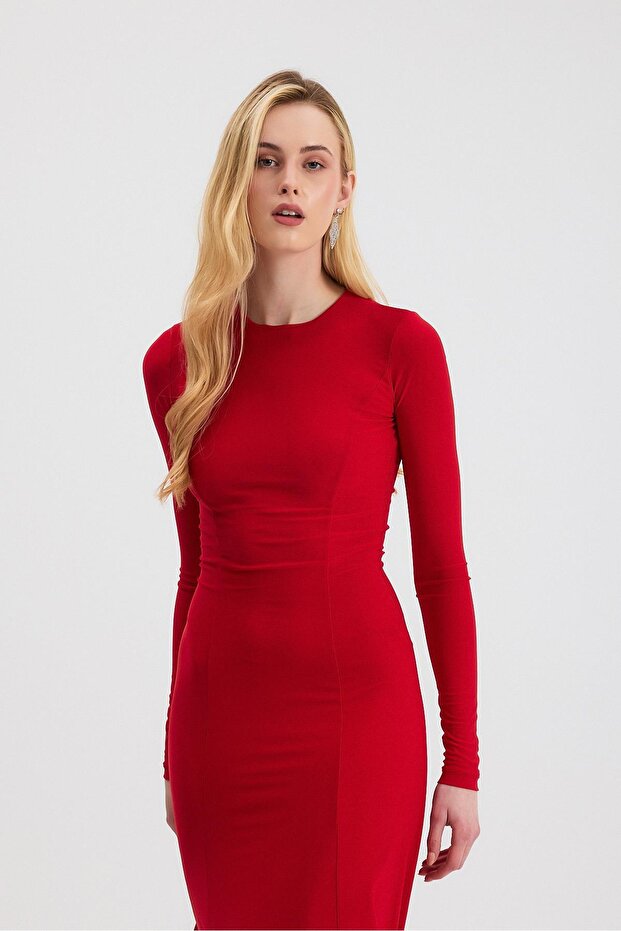 Rochie lungă roșie guler rotund 2510 - 3