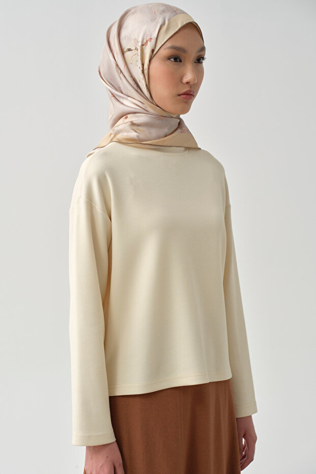 Yırtmaçlı Asimetrik Örme Sweat - Ekru - 4