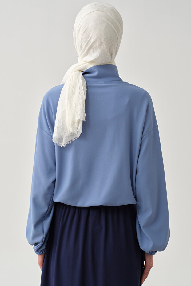 Lastikli Crop Sweat - Mavi - 7