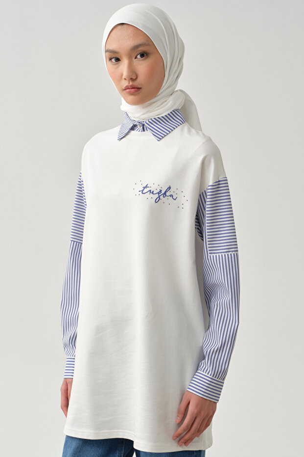 Çizgi Garnili Sweat - Ekru - 1