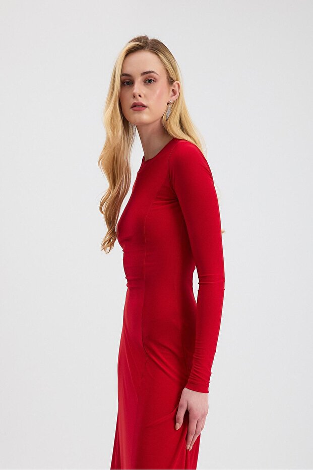 Rochie lungă roșie guler rotund 2510 - 7