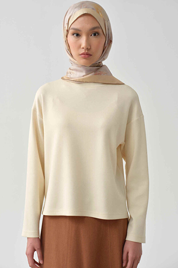 Yırtmaçlı Asimetrik Örme Sweat - Ekru - 5