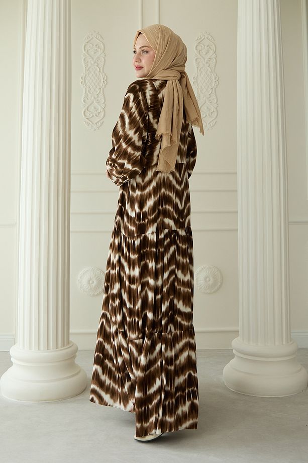 Batik Desenli Viskon Taba Elbise - 6