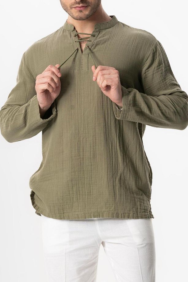 Uzun Kol Doruk V Yaka Bağcıklı Müslin Erkek Yazlık Tshirt Haki Hk - 3