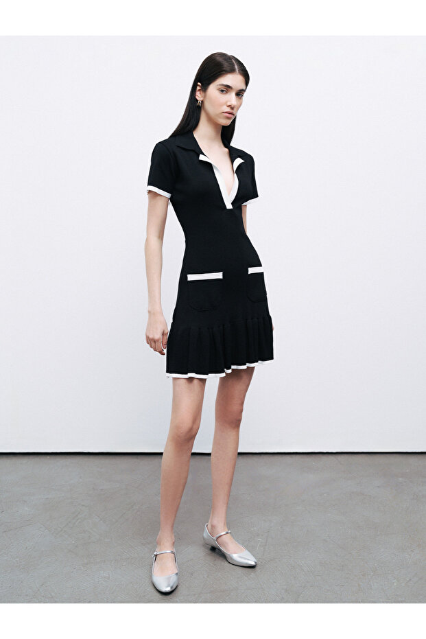 Pileli Mini Triko Elbise - 1