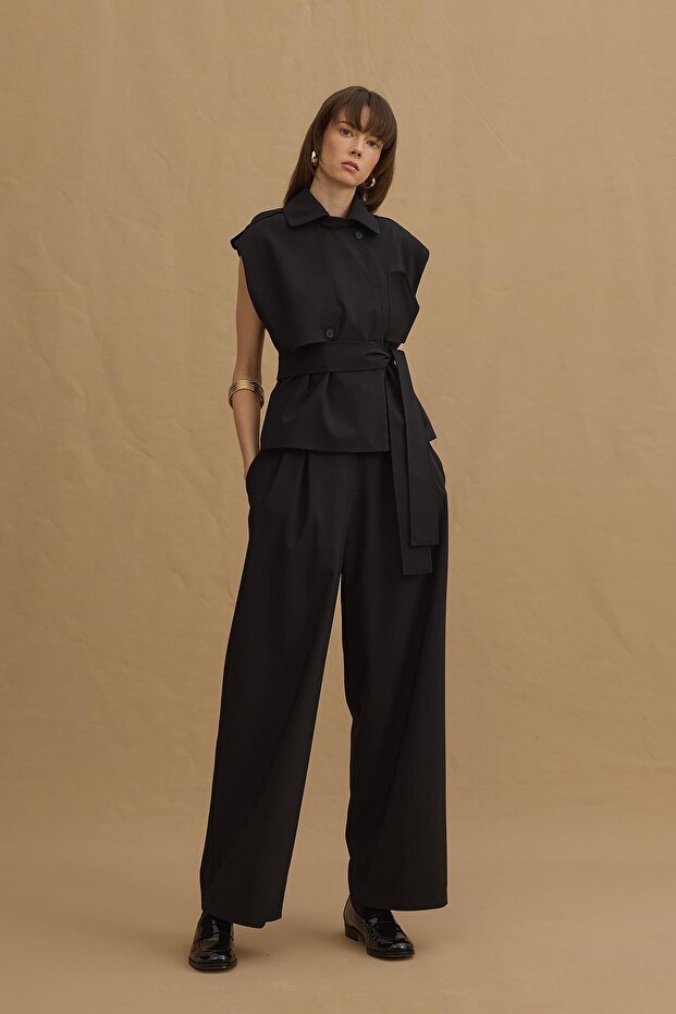 Çift Pilili Pantolon Siyah - 2