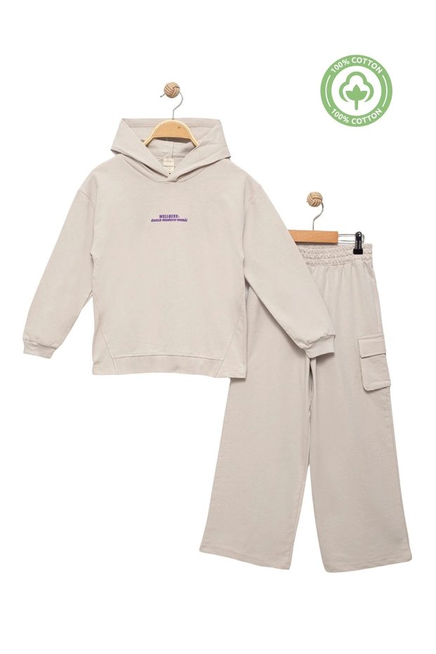 Girl's Cotton Stone Tracksuit Set with Hooded Bellows and Pocket - Girl's Clothing