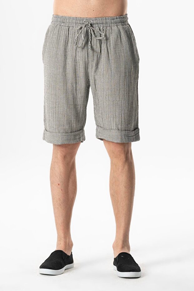 Elastic Waist Muslin Men's Summer Shorts Striped Black Czglsyh