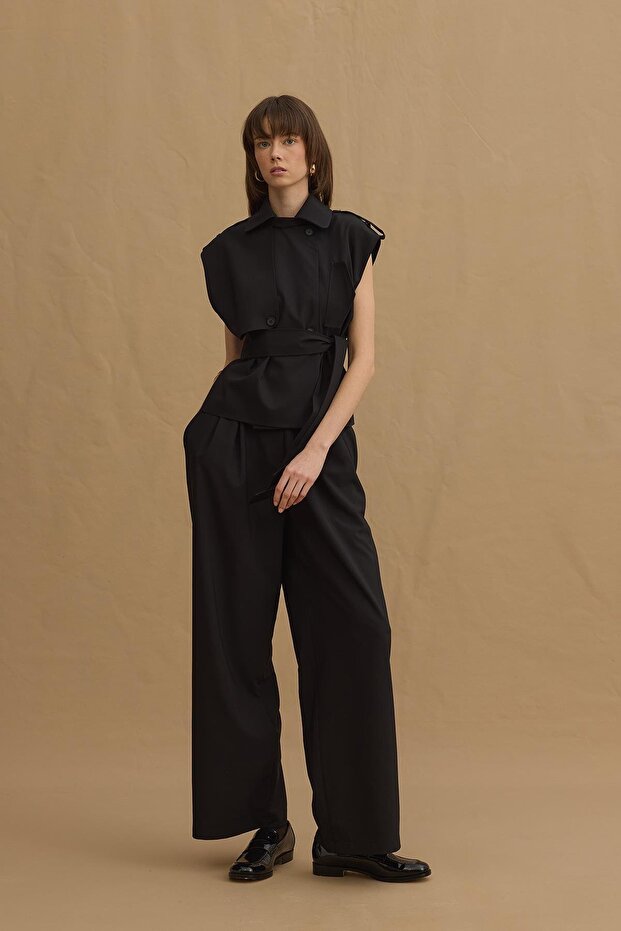 Çift Pilili Pantolon Siyah - 3