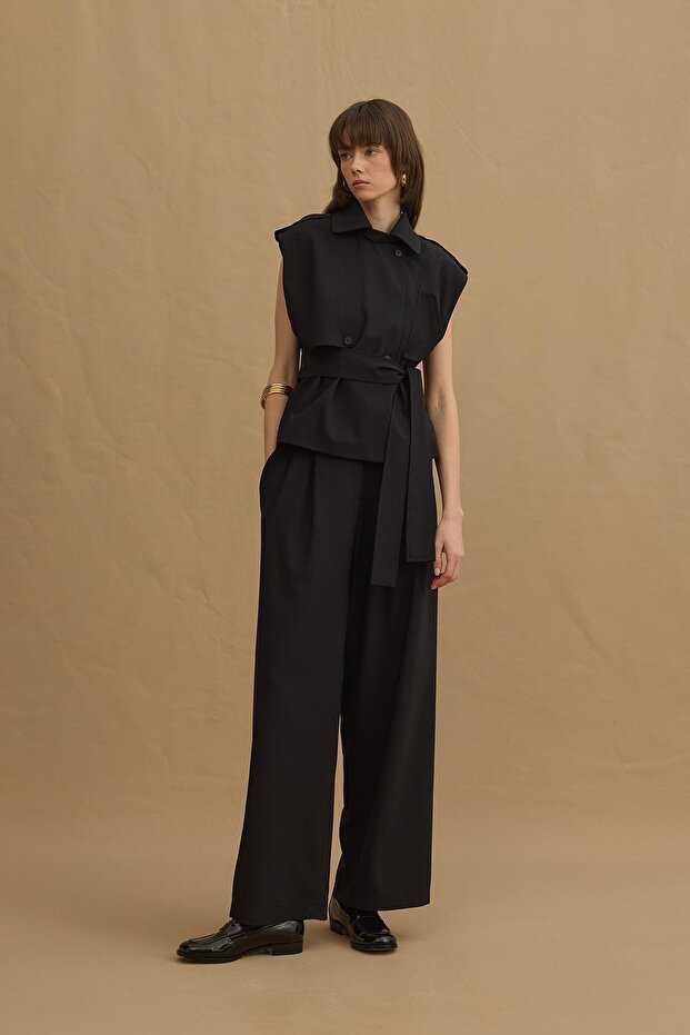 Çift Pilili Pantolon Siyah - 4