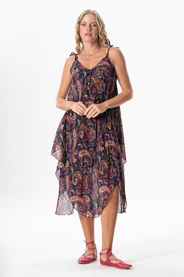 Strappy Voile Aphrodite Midi Length Summer Dress Shawl Navy Blue 6215