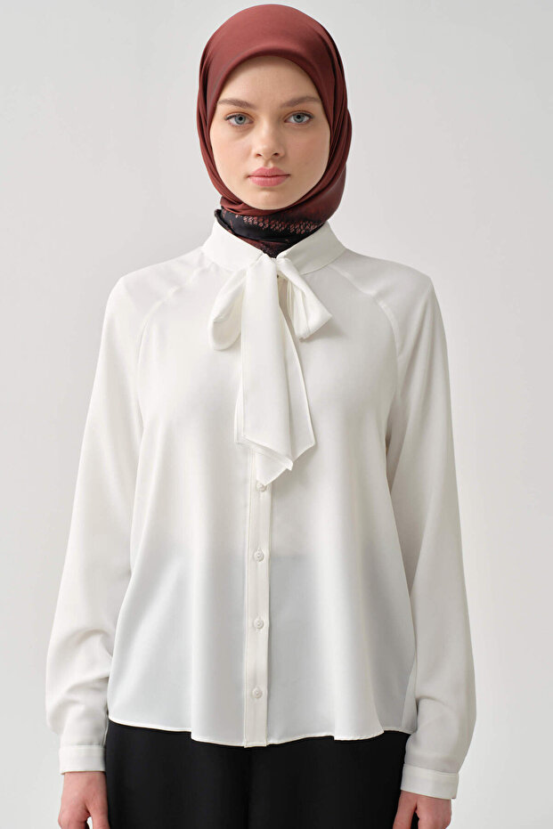 Fular Yaka Gömlek - Ekru - 1