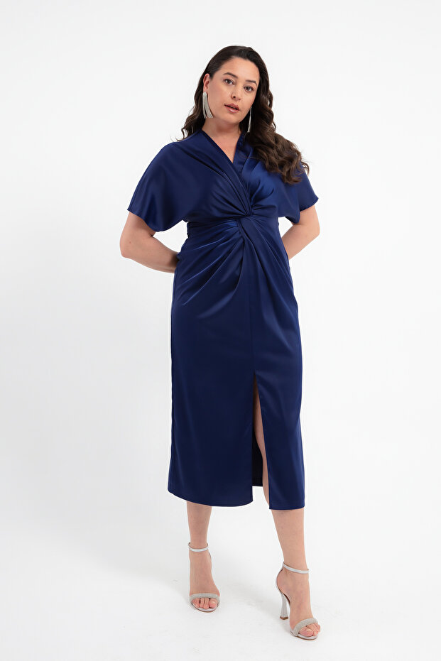 Women's Navy Blue Slim Fit Knot Detailed Midi Plus Size Satin Dress