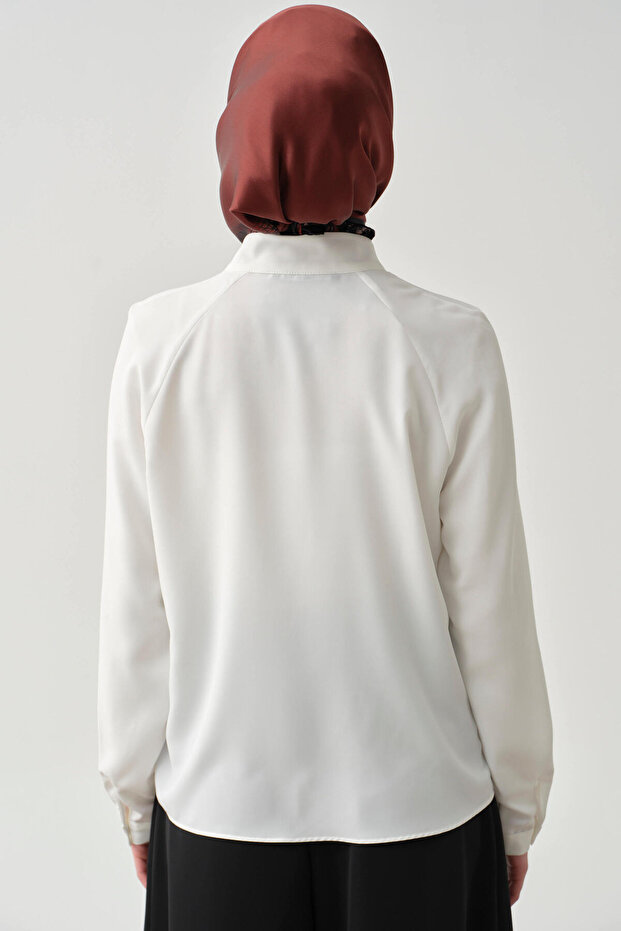 Fular Yaka Gömlek - Ekru - 5