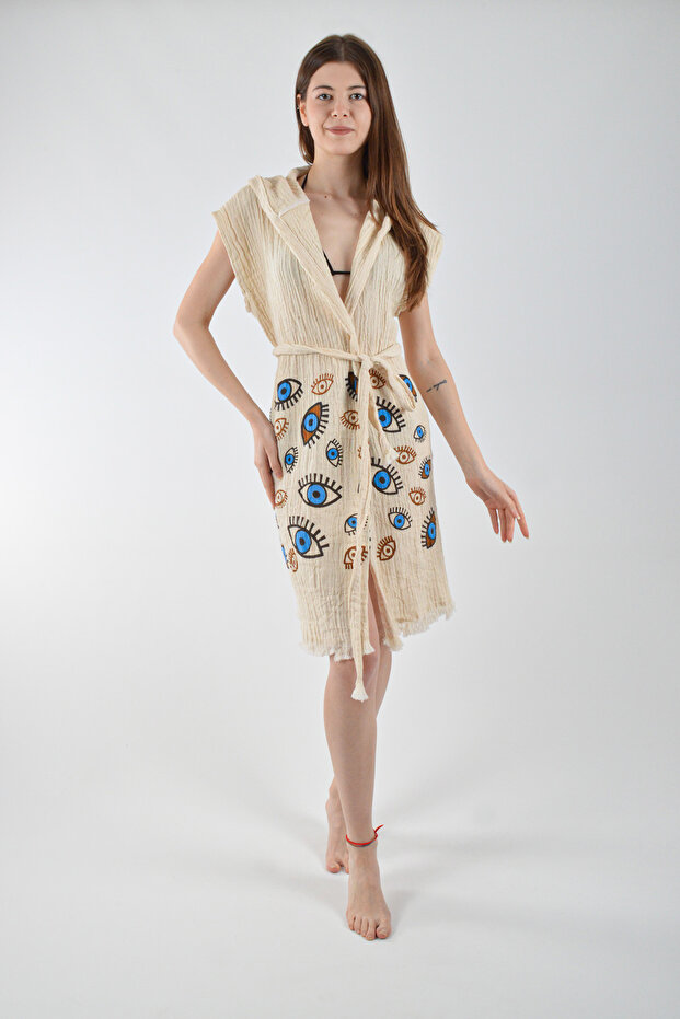 Hooded Vest Cotton Mixed Eye Pattern Belted 1 Piece Unisex Muslin Fabric Multi-Purpose Bathrobe