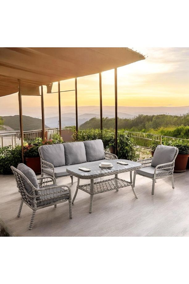 Capri Swing Pisa Üçlü Rattan Bahçe Balkon Oturma Grubu | Gri | 800 - 2