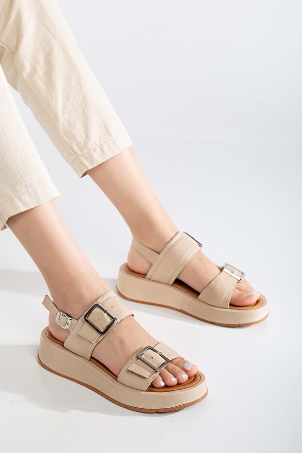 Women's Genuine Leather Buckle High-Sole Sandals - Beige