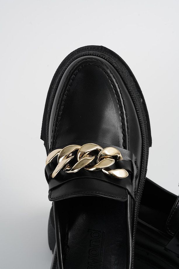 Kadın Siyah Deri Zincirli Kalın Taban Loafer Makosen Ayakkabı 4,5cm Byndlfrk02 - 7