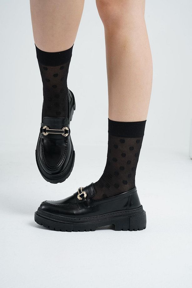 Kadın Siyah Deri Bantlı Gc Kalın Taban Loafer Makosen Ayakkabı 4,5cm Byndlfrk02 - 3