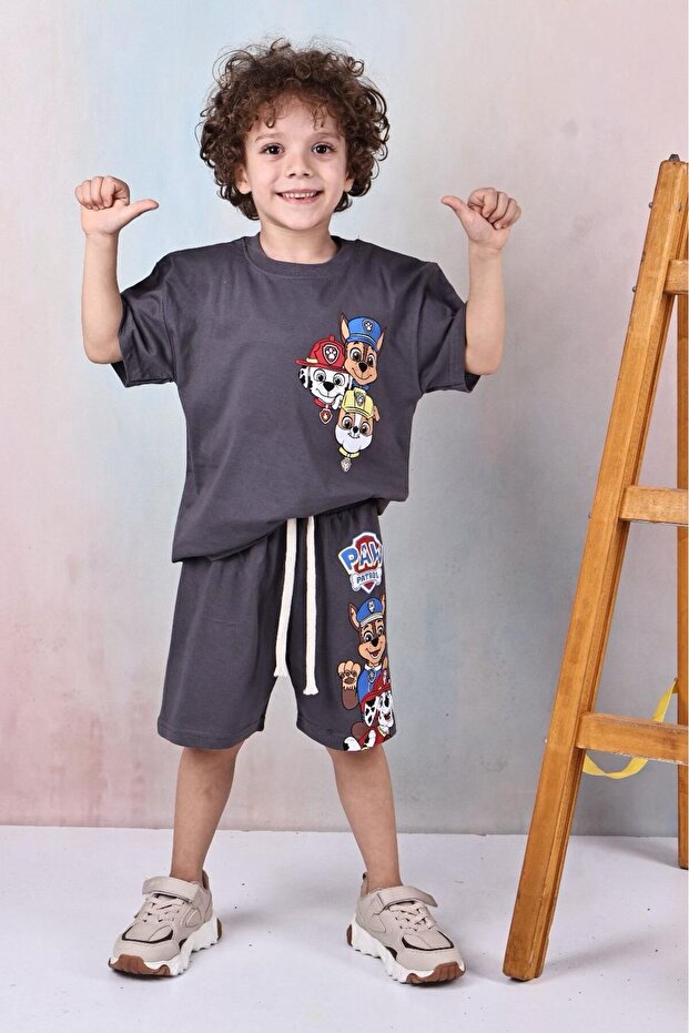 Boy's Printed 100% Cotton Short Sleeve Shorts Top-Bottom Set