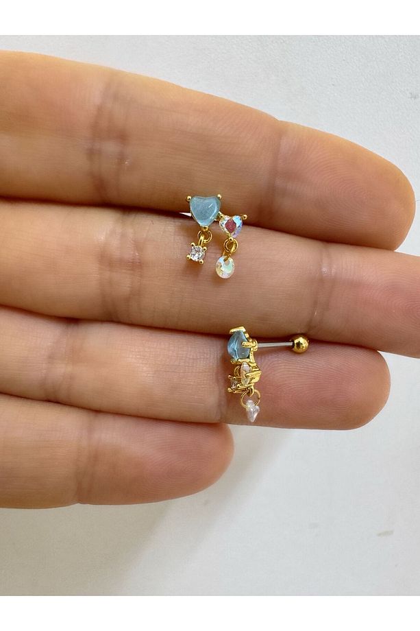 Çelik mavi  kalpli tek taş sallantılı tragus helix conch lobe flat uyumlu 1 adet piercing küpe - 3
