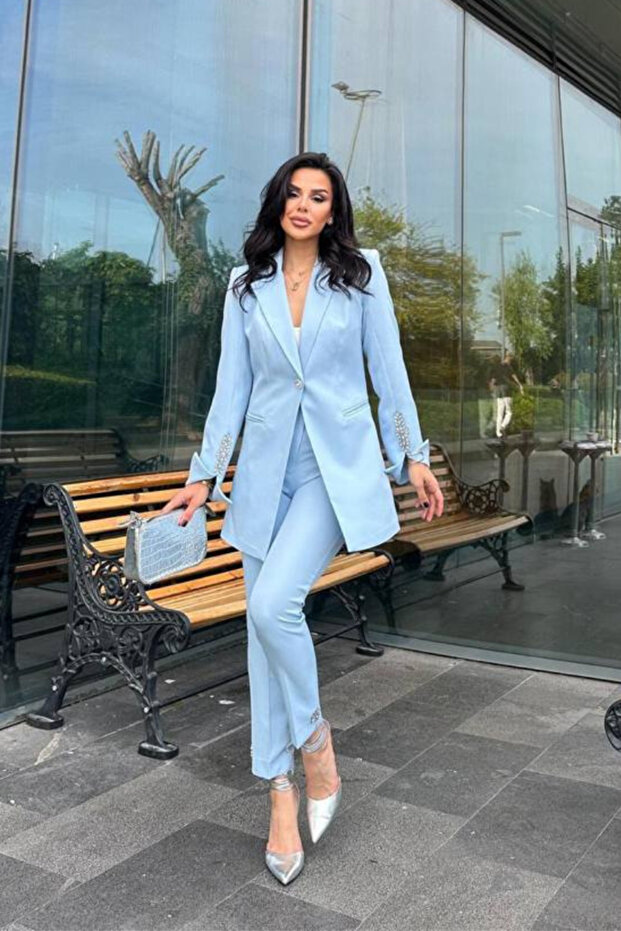 Women's Double Set Stone Detailed Pipe Leg Blazer Jacket Pants Set