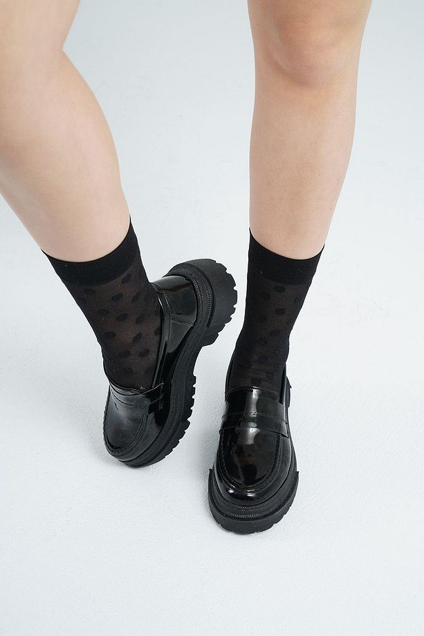 Kadın Siyah Rugan Düz Kalın Taban Loafer Makosen Ayakkabı 4,5cm Byndlfrk02 - 2