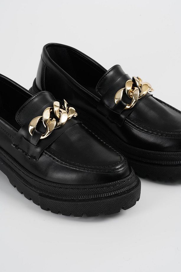 Kadın Siyah Deri Zincirli Kalın Taban Loafer Makosen Ayakkabı 4,5cm Byndlfrk02 - 6
