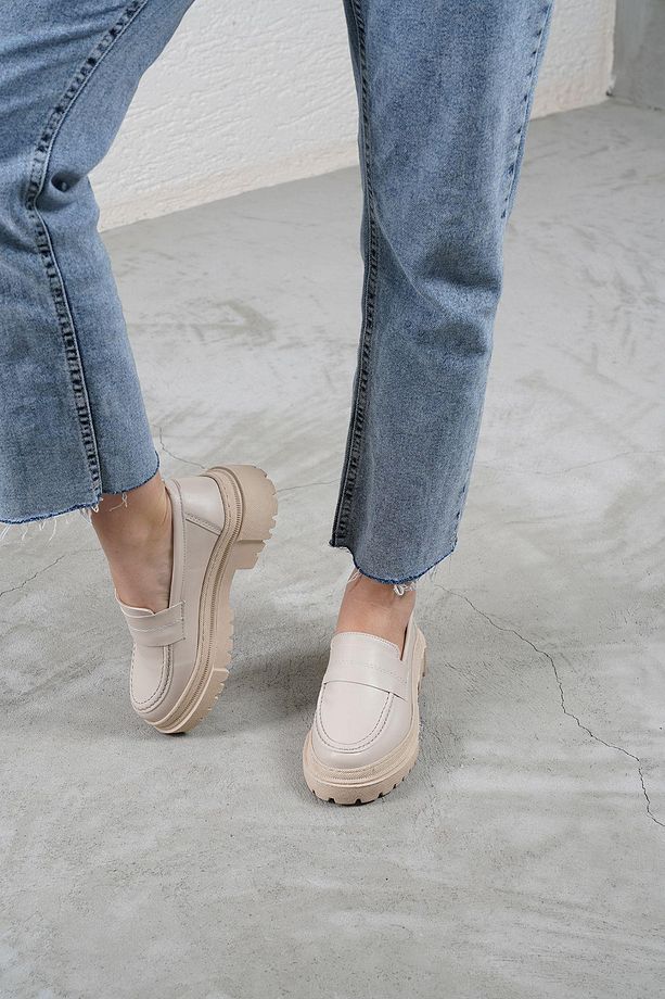 Kadın Bej Deri Düz Kalın Taban Loafer Makosen Ayakkabı 4,5cm Byndlfrk03 - 4