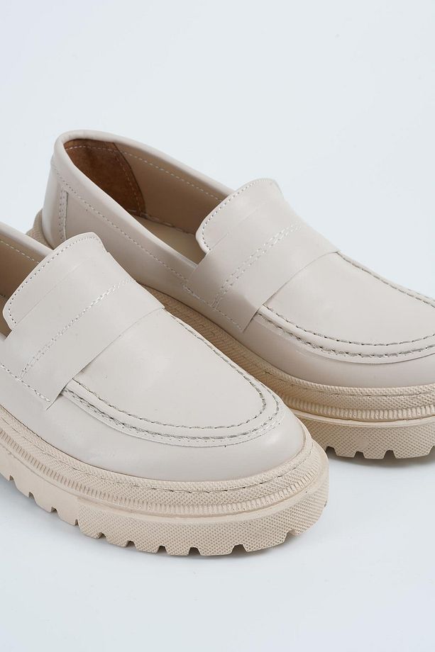 Kadın Bej Deri Düz Kalın Taban Loafer Makosen Ayakkabı 4,5cm Byndlfrk03 - 5