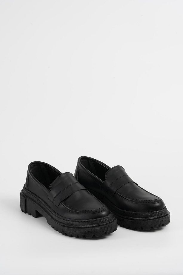 Kadın Siyah Deri Düz Kalın Taban Loafer Makosen Ayakkabı 4,5cm Byndlfrk02 - 8