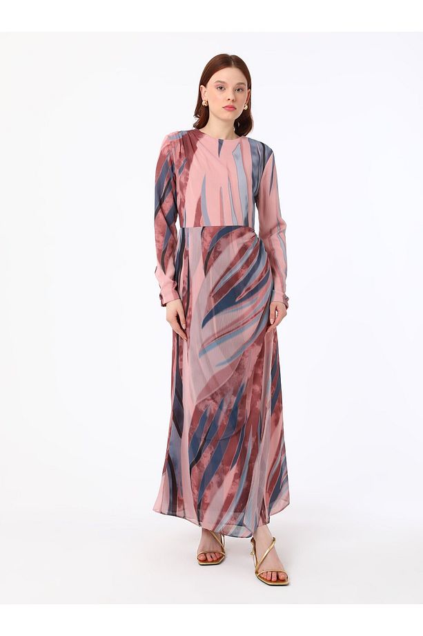 Drape Detaylı Pembe Zebra Desenli Tesettür Elbise- Refka - 2