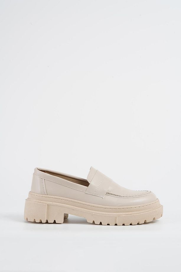 Kadın Bej Deri Düz Kalın Taban Loafer Makosen Ayakkabı 4,5cm Byndlfrk03 - 7
