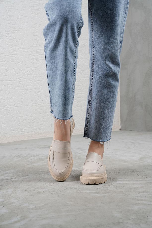 Kadın Bej Deri Düz Kalın Taban Loafer Makosen Ayakkabı 4,5cm Byndlfrk03 - 3
