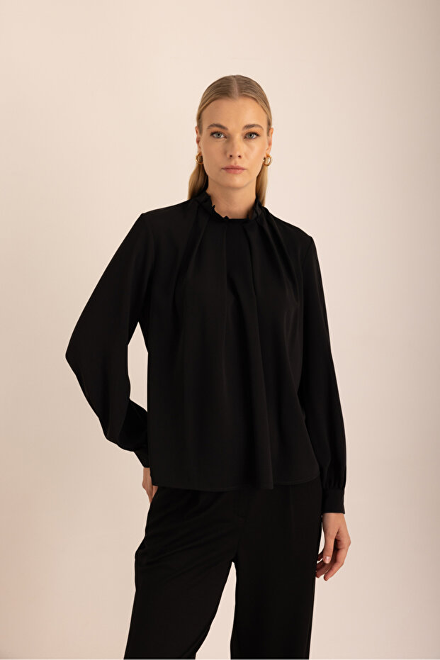 Pile Detaylı Dokuma Bluz - 1