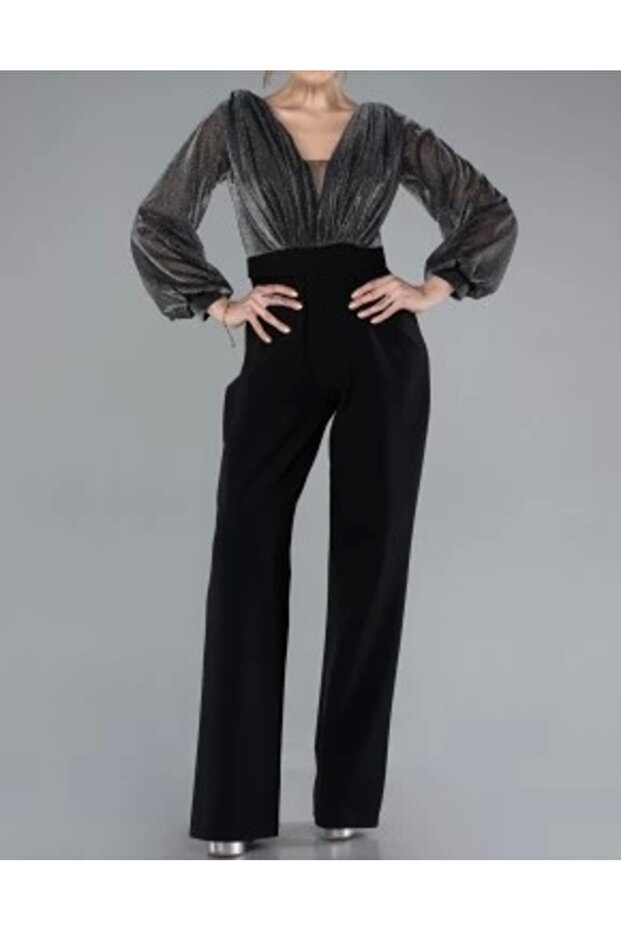 Göğüs drape simli abiye tulum siyah - 2