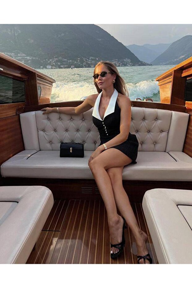 Siyah İnci Detay Mini Elbise - 4