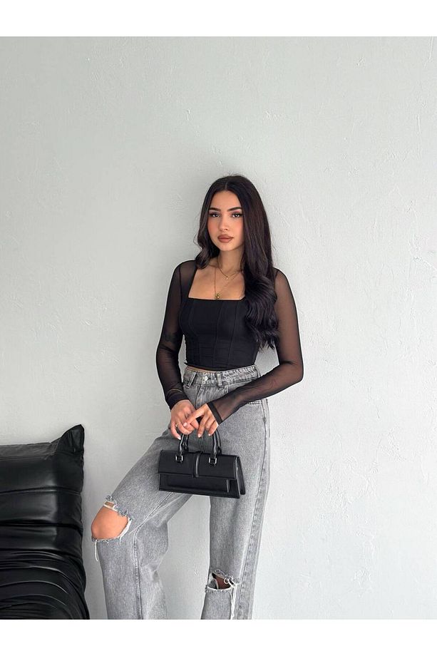 Kare Yaka Tül Transparan Crop Bluz - 2