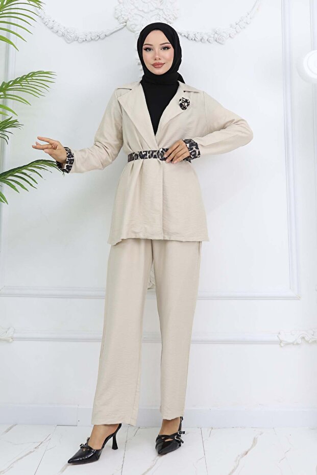 طقم جاكيت وبنطلون بحزام بنقشة الفهد لون حجري 4718 - 5