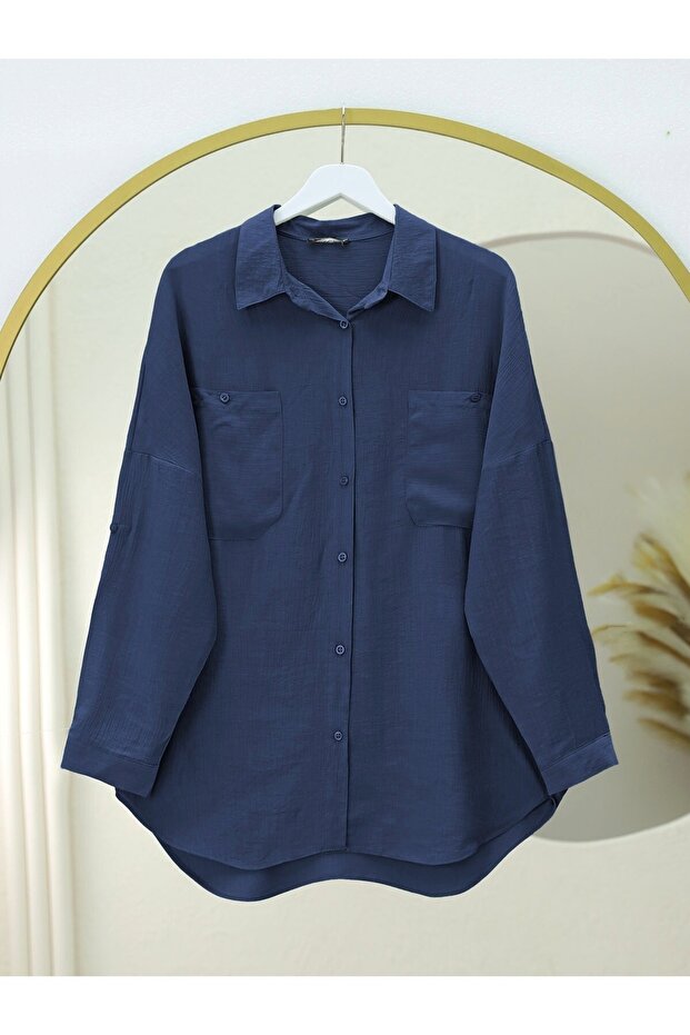 Double Pocket Oval Cut Sleeve Folded Shirt Tunic -Laci
