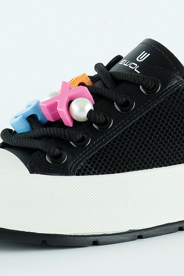Siyah Yüksek Taban Spor Fileli Harf Detaylı İncili Bağcıklı Platform Sneaker - 4