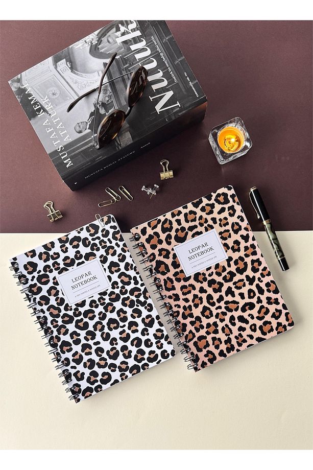 17x24 Spiralli Leopar Desen Karton Kapaklı Okul Defteri 80 Yaprak 4'lü Set Çizgili-ders Proglamlı - 1