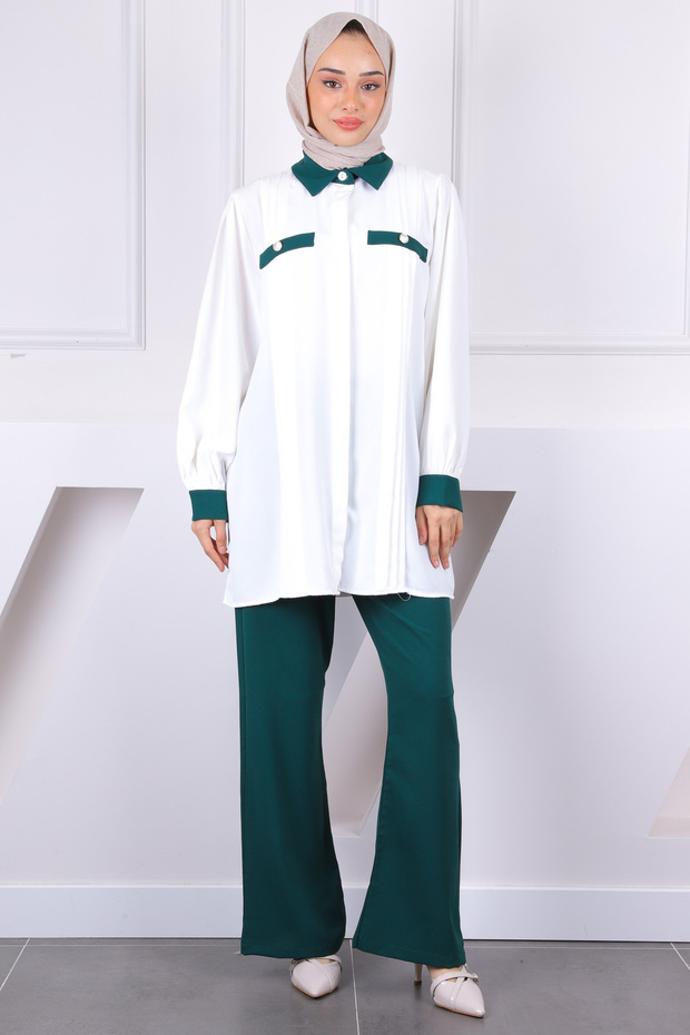 Emerald Green Buttoned Tunic Trousers Suit