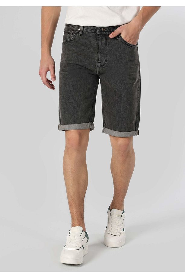 Regular Fit Orta Bel Düz Erkek Gri Jean Şort - 4