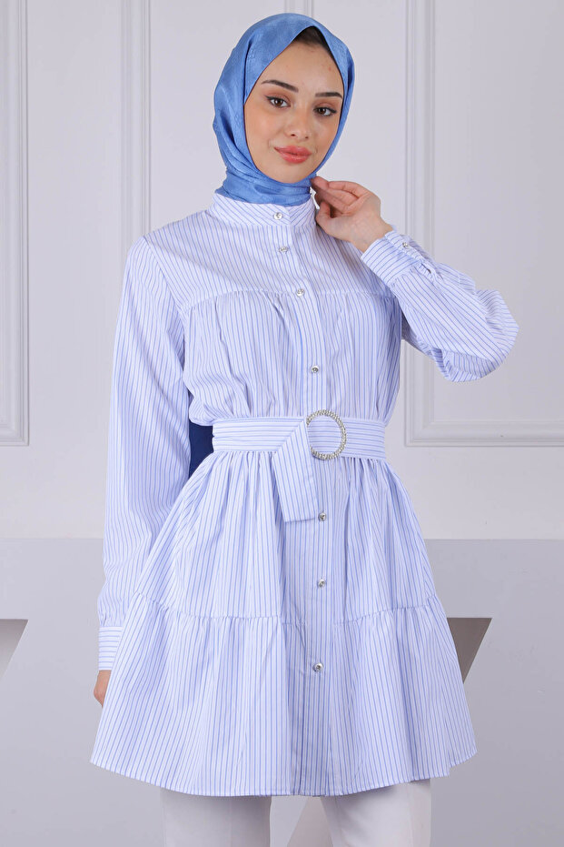 White Blue Judge Collar Striped Poplin Tunic
