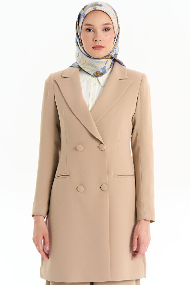 Kruvaze Düğmeli Uzun Basic Ceket - Bej - 3