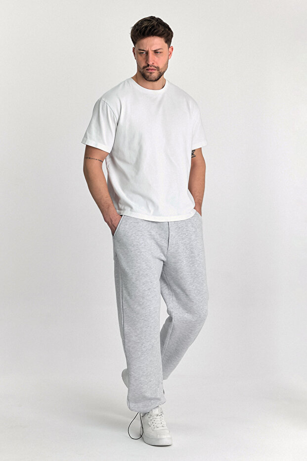 Made of 3 Yarn - Adjustable Leg and Raster Loose Fit Men's Sweatpants Gray Rf0463 - 3