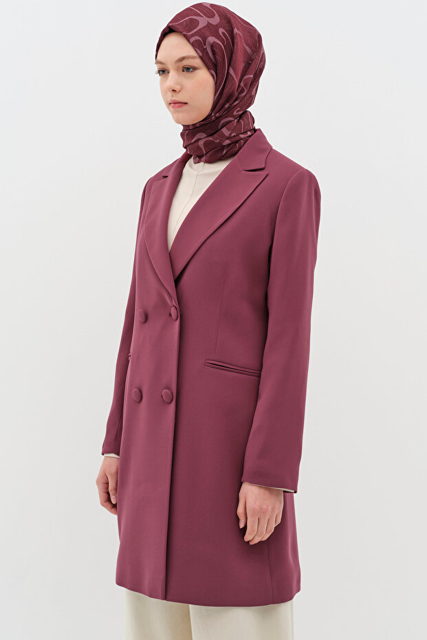 Kruvaze Düğmeli Uzun Basic Ceket - Mürdüm - 2