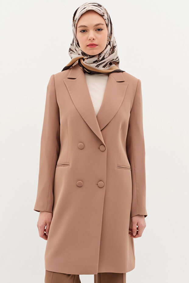 Kruvaze Düğmeli Uzun Basic Ceket - Camel - 1
